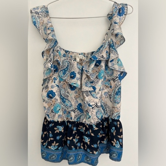 Stitch Fix Nine Britton Women’s Blue Floral Faux Wrap Ruffle Tank Top Size L - Picture 1 of 2